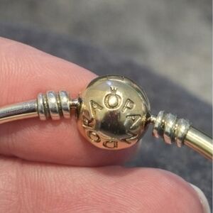 ✨ PANDORA Two-Tone Moments Bangle Bracelet | 7.5" | 14K Gold Clasp | ALE 585